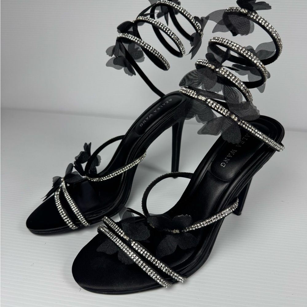 Azalea Wang Aryana Black Rhinestone Butterfly Spiral Heels Size 8 NIB